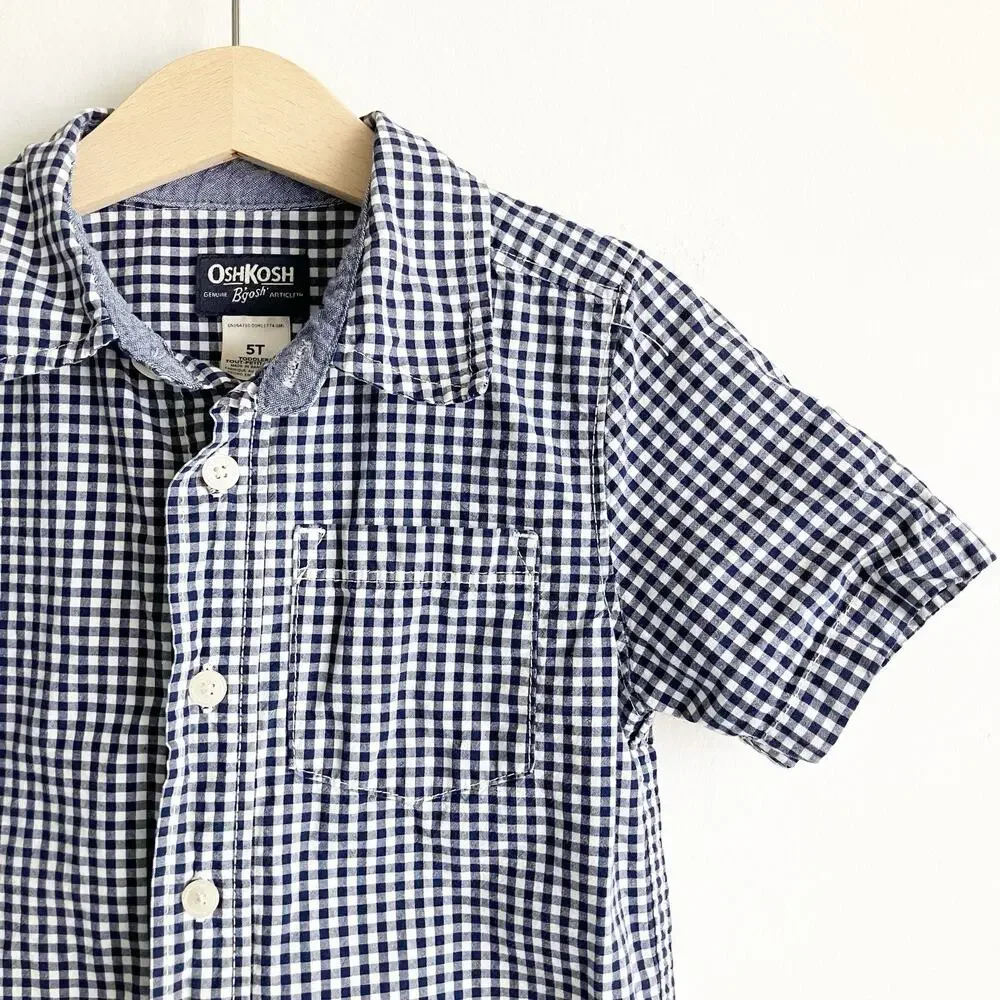 OshKosh Bgosh Gingham Shirt Boys Sz 5T Button Front Short Sleeve Navy Blue 5